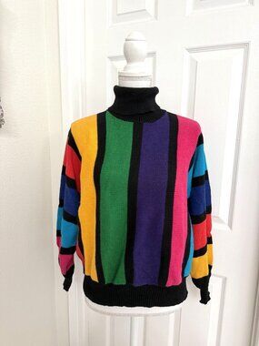Vintage Rafaella Petites Turtleneck Colorblock Knit Sweater 90's Style Size Med